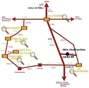 Chez Fanchon - Gîte Le Larzac, plan d'accès aux gites.